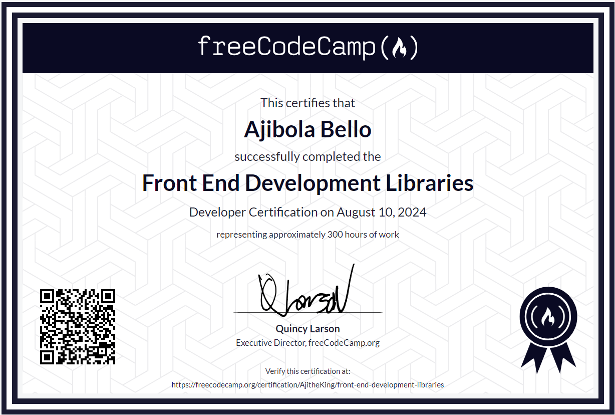 Ajibola Bello's FreeCodeCamp Front End Development Libraries Certificate