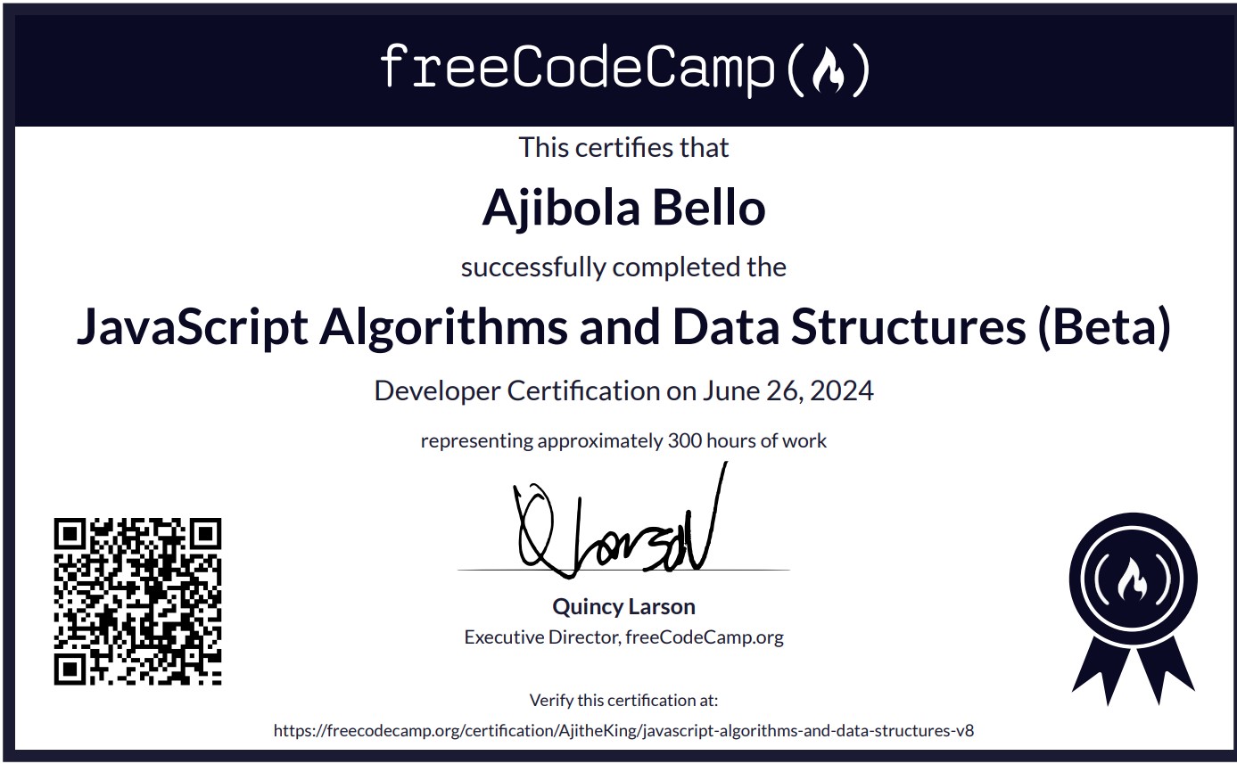 Ajibola Bello's Algorithms and Data Structures Certificate
