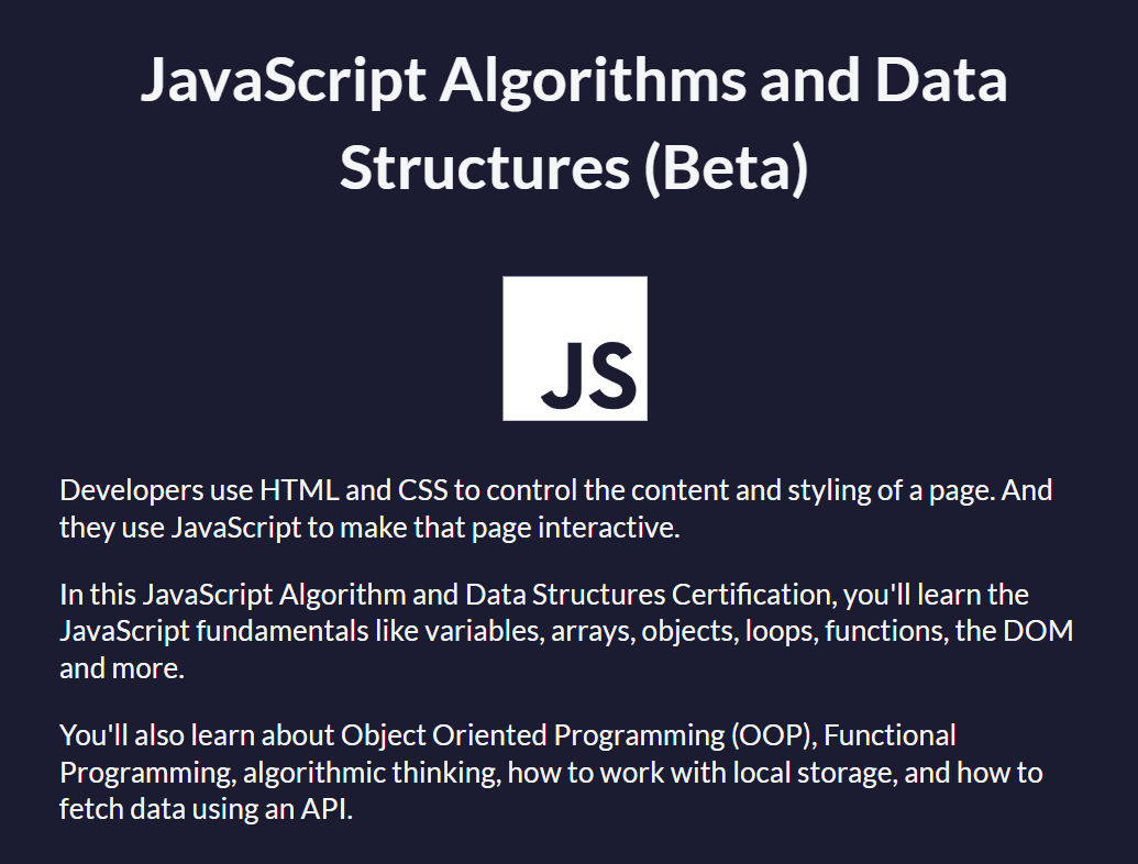 JavaScript Algorithms and Data Structures (Beta) by FreeCodeCamp